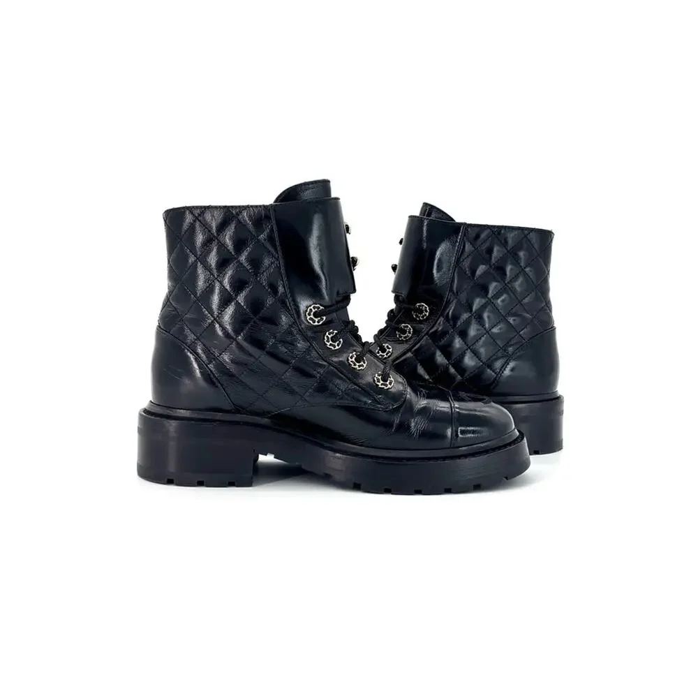 Chanel Brave Shiny Calfskin Quilted CC Chain Cap Toe Platform Short Boots 37